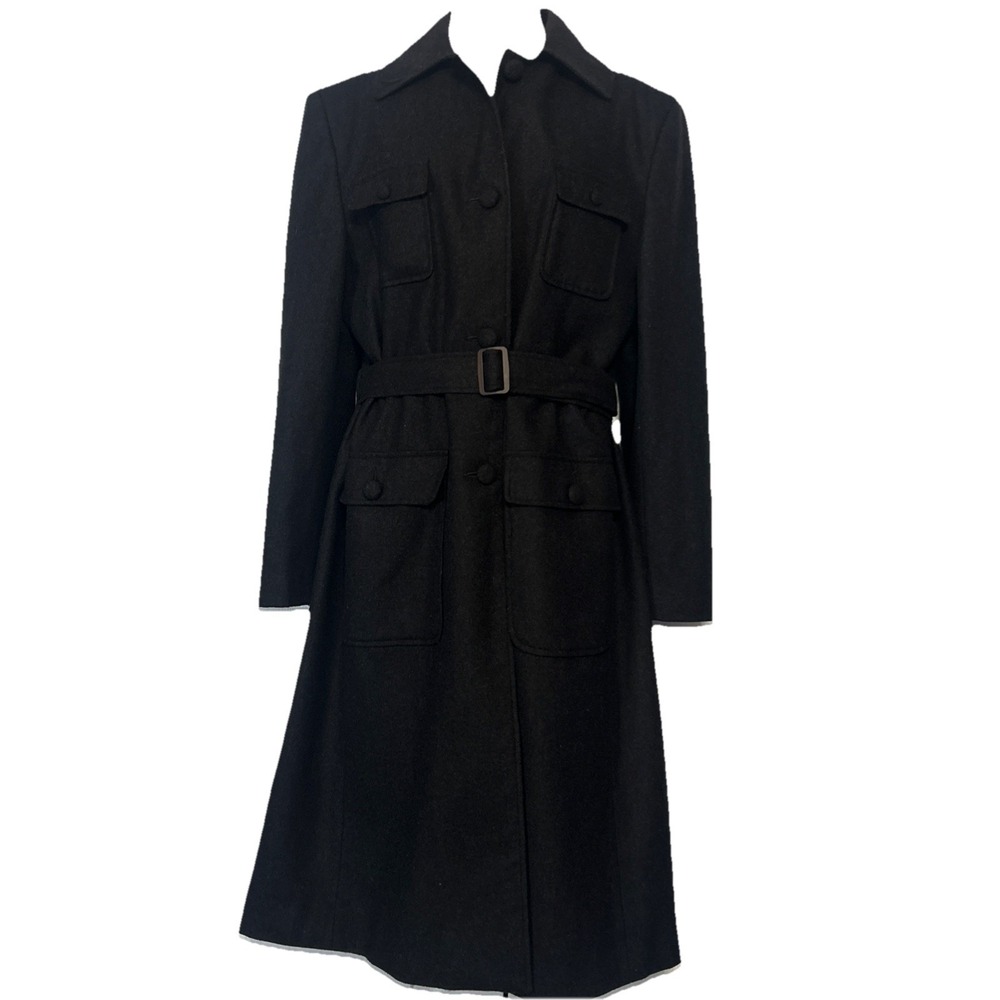 Vtg Wool Blend Trench Coat 12 Black Belted Pockets Angelica. L Scandinavian 90s